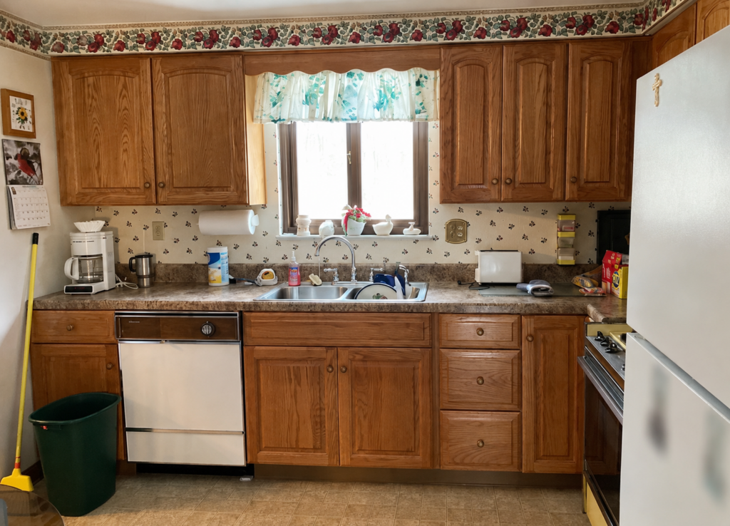 Dated but well-maintained kitchen before listing a home for sale.
